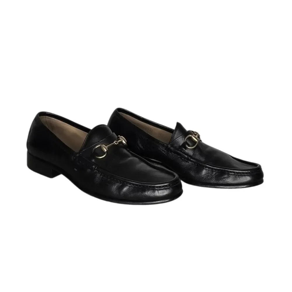 Gucci Horsebit Loafers Mens 9D Black Leather Slip On Italy Gold Bit Dress